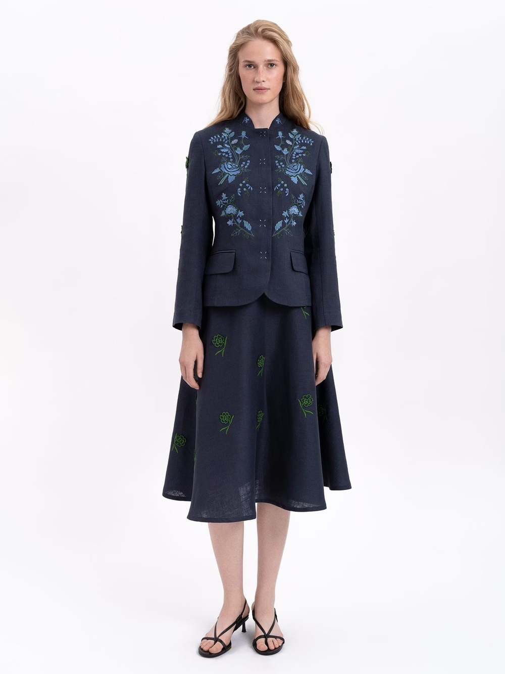 Women's Navy Embroidered Floral Blazer Jacket